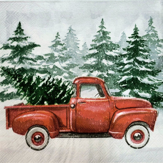 TWO Individual Paper Lunch Decoupage Napkins - 2145 Red Truck in Christmas Grove