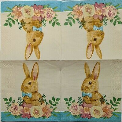 2 Individual Paper Cocktail Decoupage Napkins- 1815 Easter Bunny in Flower Patch