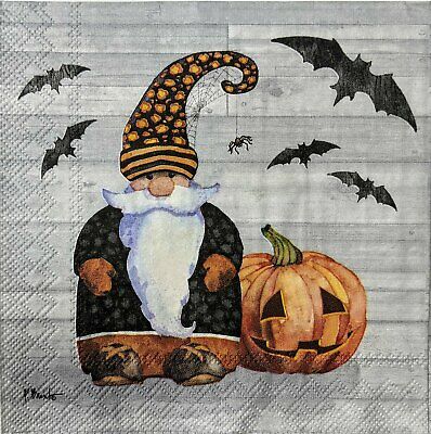 TWO Individual Paper Cocktail Decoupage Napkins - 1586 Halloween Gnome