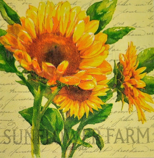 TWO Individual Paper Cocktail Decoupage Napkins - 2175 Scripted Sunflower Farm