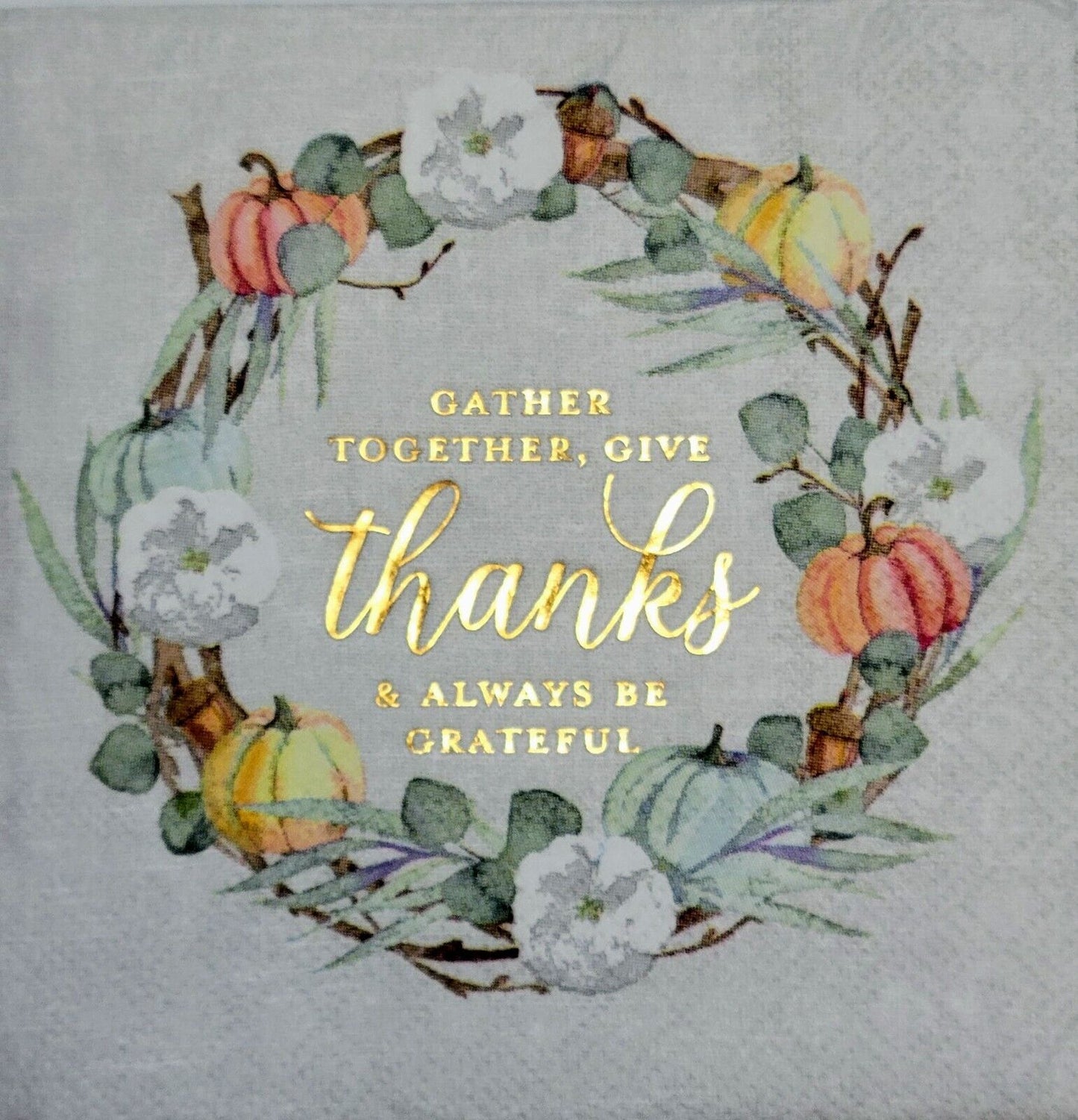 2 Individual Paper Cocktail Decoupage Napkins - 2079 Give Thanks Pumpkin Wreath