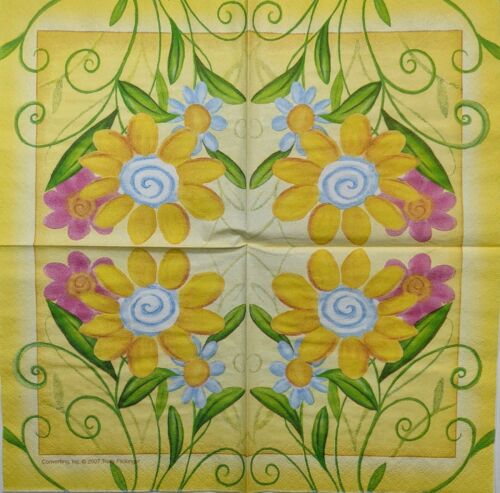 TWO Individual Paper Cocktail Decoupage Napkins-Yellow Spring Floral Medley 1158