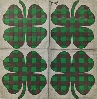 2 Individual Paper Cocktail Decoupage Napkins- 1775 Green Buffalo Check Shamrock