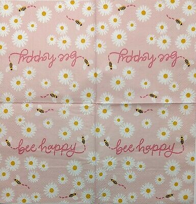 TWO Individual Paper Cocktail Decoupage Napkins - 1817 Pink Bee Happy Daisies