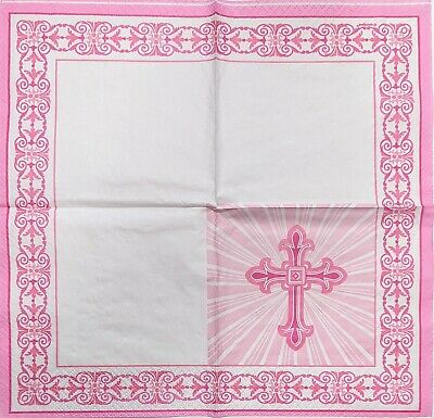 TWO Individual Paper Cocktail Decoupage Napkins - 1915 Pink Communion Cross