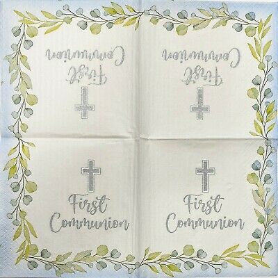 TWO Individual Paper Cocktail Decoupage Napkins - 1917 My First Communion Blue