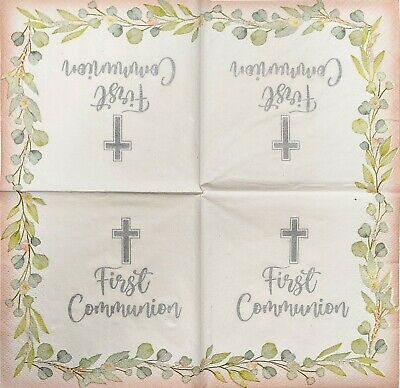 TWO Individual Paper Cocktail Decoupage Napkins - 1918 My First Communion Pink