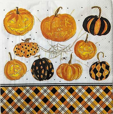 TWO Individual Paper Lunch Decoupage Napkins - 1607 Plaid Pumpkins & Halloween