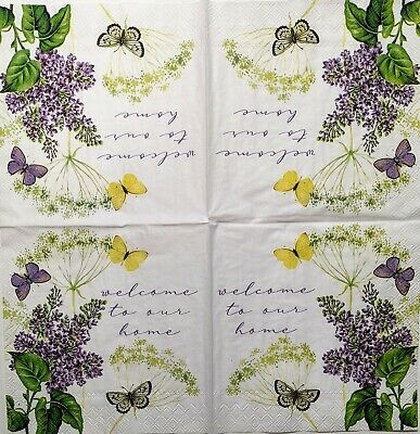 TWO Individual Paper Cocktail Decoupage Napkins- 1851 Fiona Lilac w/ Butterflies