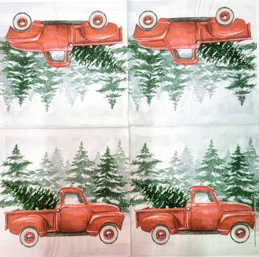 TWO Individual Paper Lunch Decoupage Napkins - 2145 Red Truck in Christmas Grove