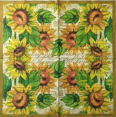 TWO Individual Paper Luncheon Decoupage Napkin- 1550 Sunflower Watercolor Script