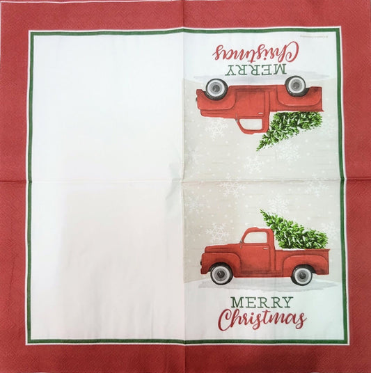 2 Individual Paper Lunch Decoupage Napkins- 2143 Red Christmas Truck with Border