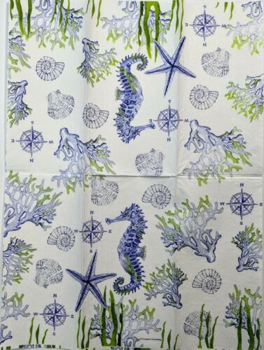 TWO Individual Paper Guest Decoupage Napkins- Ocean Blues w/ Compass 1243