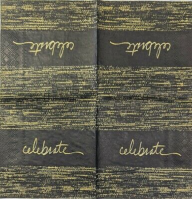 TWO Individual Paper Cocktail Decoupage Napkins - 1774 Celebrate Black & Gold