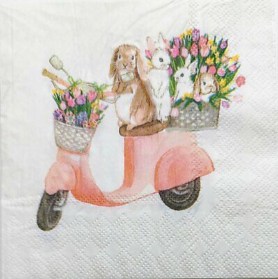 TWO Individual Paper Cocktail Decoupage Napkins - 1937 Easter Bunny Scooter