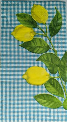 TWO Individual Paper Guest Decoupage Napkins - Lemon On Blue Check 1230