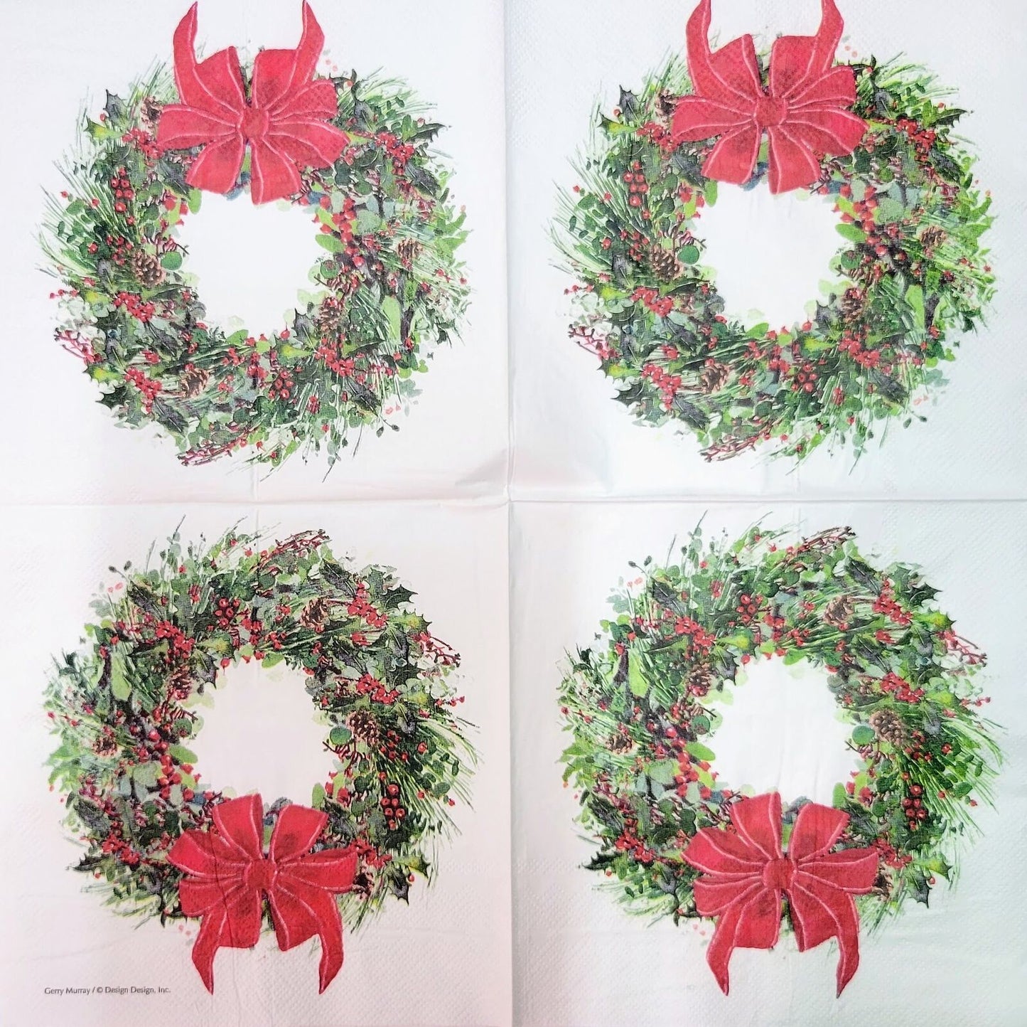 TWO Individual Paper Lunch Decoupage Napkins - 2134 Red Holly Wreath with Bow