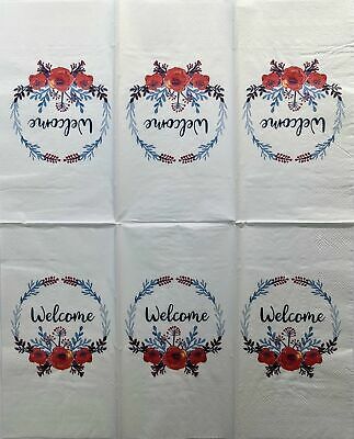 TWO Individual Paper Guest Decoupage Napkins - 1444 Poppy Welcome Wreath