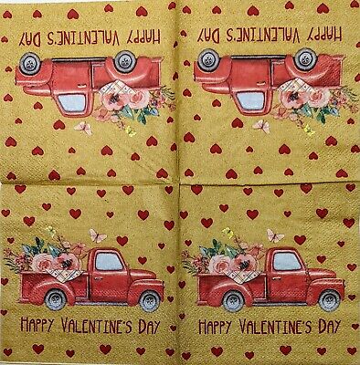 TWO Individual Paper Cocktail Decoupage Napkins-1845 Happy Valentine's Day Truck