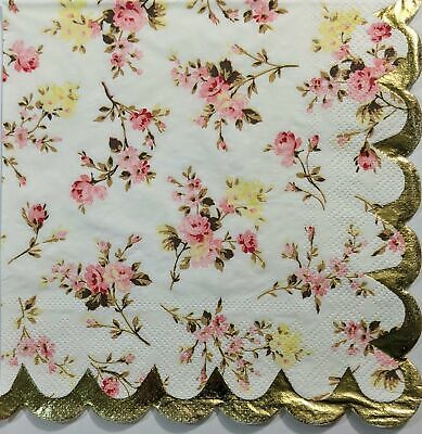 TWO Individual Paper Lunch Decoupage Napkins - 1379 Pink Floral Gold Foil Border