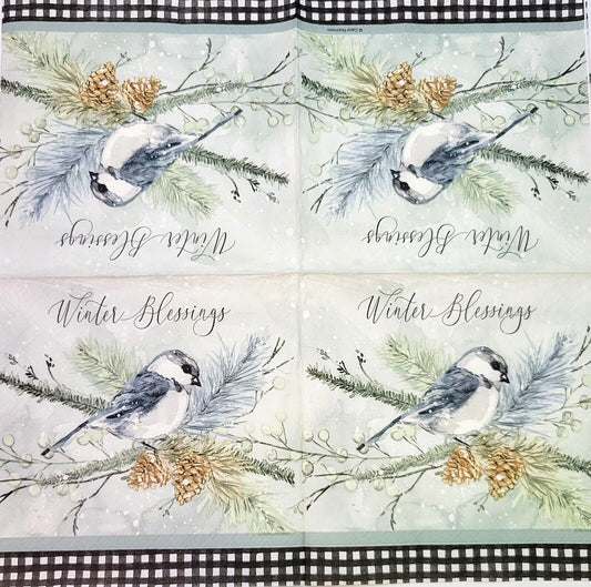 TWO Individual Paper Lunch Decoupage Napkins - 2155 Winter Blessings Bird