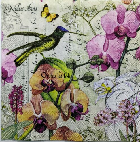 TWO Individual Paper Cocktail Decoupage Napkins- Orchids In Bloom w/ Birds 1153