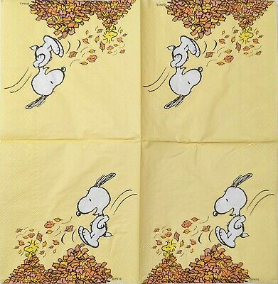 TWO Individual Paper Cocktail Decoupage Napkins- 1665 Snoopy Woodstock Leaf Pile