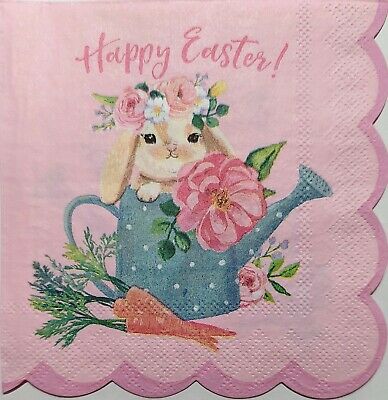 2 Individual Paper Cocktail Decoupage Napkins-1809 Happy Easter Scalloped Bunny