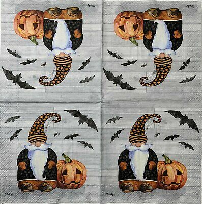 TWO Individual Paper Cocktail Decoupage Napkins - 1586 Halloween Gnome