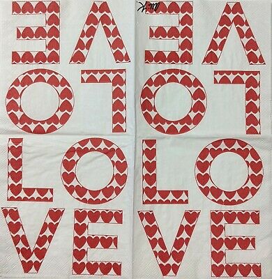 TWO Individual Paper Cocktail Decoupage Napkins - 1756 Valentine Love Hearts