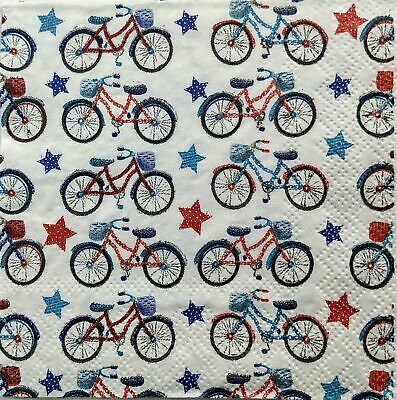 TWO Individual Paper Cocktail Decoupage Napkins - 1403 Red & Blue Stars & Bikes