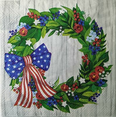 TWO Individual Paper Cocktail Decoupage Napkins - 1527 Patriotic Wreath w/ Bow
