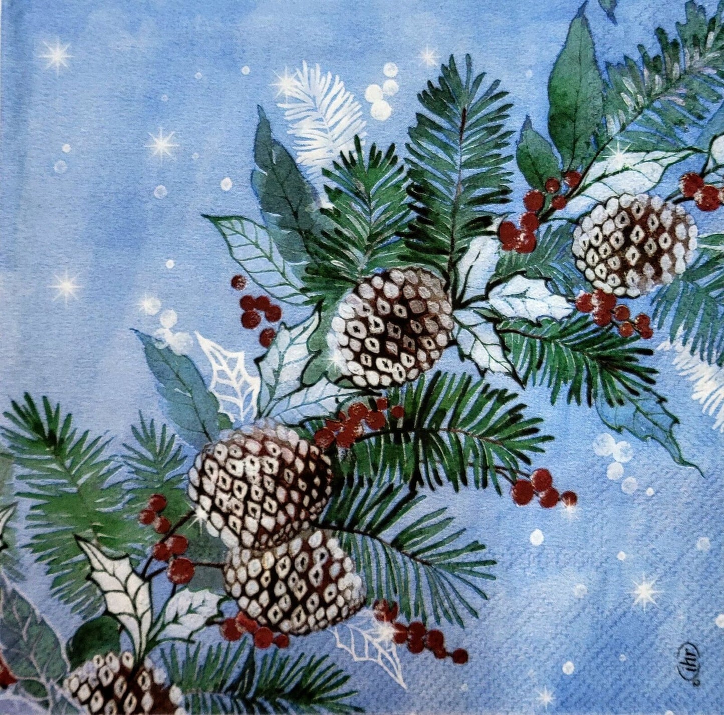 TWO Individual Paper Lunch Decoupage Napkins - 2137 Frosted Pinecones & Berries