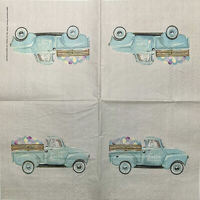 TWO Individual Paper Cocktail Decoupage Napkins - 1892 Easter Eggs in Blue Truck