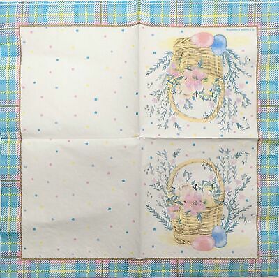 TWO Individual Paper Cocktail Decoupage Napkins- 1895 Pastel Plaid Easter Basket