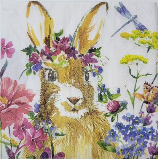 TWO Individual Paper Lunch Decoupage Napkins - 2341 Isa Floral Crowned Bunny