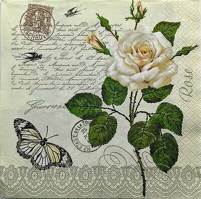 TWO Individual Paper Lunch Decoupage Napkins - 1374 Vintage Rose w/ Butterfly