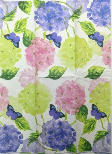 TWO Individual Paper Guest Decoupage Napkins - Hydrangeas w/ Butterfly 1178