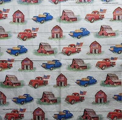 TWO Individual Paper Lunch Decoupage Napkins - 2008 Patriotic Barns Trucks Flags