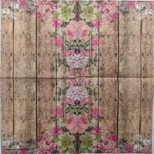 TWO Individual Paper Cocktail Decoupage Napkins - Wood Fence Floral Pink Sm 1188