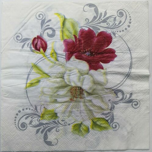 2 Individual Paper Lunch Decoupage Napkins-Red & White Floral /Swirled Back 1104