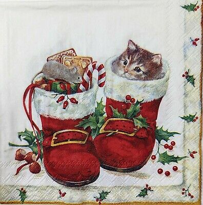 2 Indivdual Paper Cocktail Decoupage Napkins-1700 Mouse & Kitten Christmas Boots