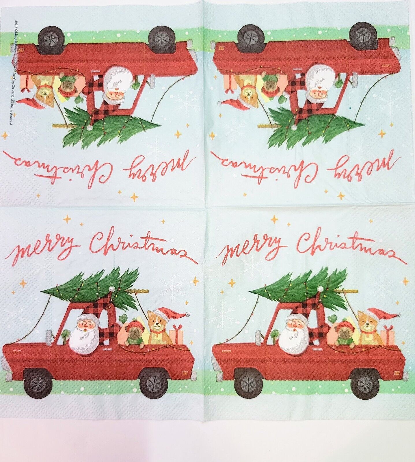 TWO Individual Paper Cocktail Decoupage Napkins - 2187 Santa's Christmas Truck