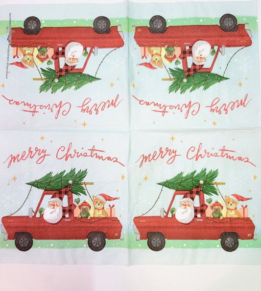 TWO Individual Paper Cocktail Decoupage Napkins - 2187 Santa's Christmas Truck