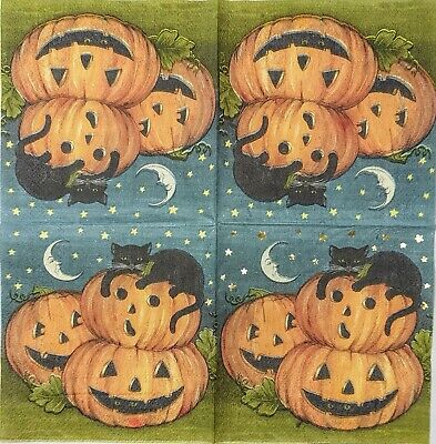 TWO Individual Paper Cocktail Decoupage Napkins - 1667 Halloween Pumpkins