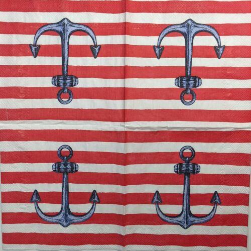 TWO Individual Paper Lunch Decoupage Napkins - Sailors Anchor Red Stripe 1339