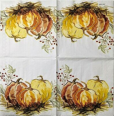 TWO Individual Paper Cocktail Decoupage Napkins - 1573 Fall Stylized Pumpkins