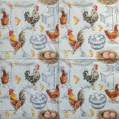 TWO Individual Paper Lunch Decoupage Napkins - 1962 Chicken & Rooster Farm