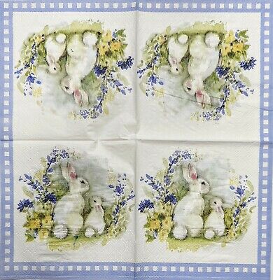 TWO Individual Paper Cocktail Decoupage Napkins - 1922 Bunnies in Spring Garden