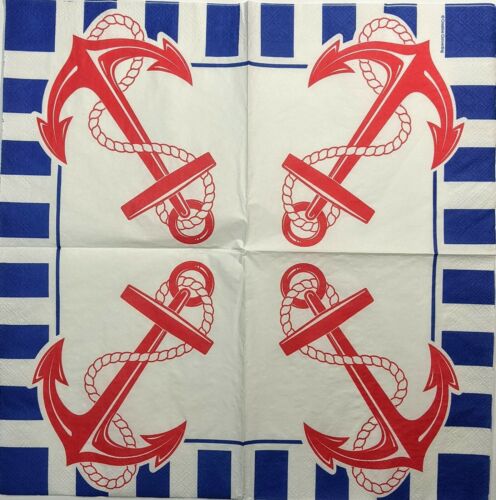 TWO Individual Paper Lunch Decoupage Napkins - Nautical Red Anchor 1332